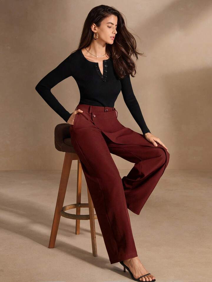 CM-BS439342 Women Elegant Seoul Style Asymmetrical Draping Cross-Wrap Pockets Straight-Leg Pants - Red