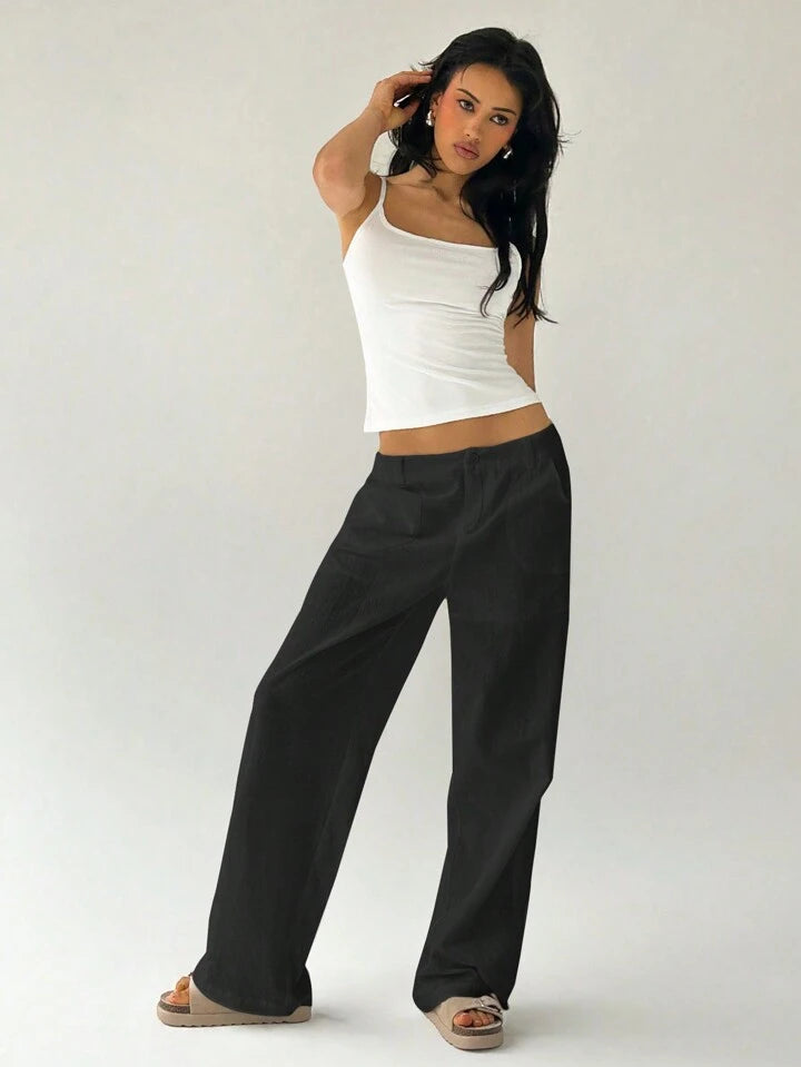 CM-BS700810 Women Casual Seoul Style Solid Color Low Waist Loose Straight Leg Pants - Black