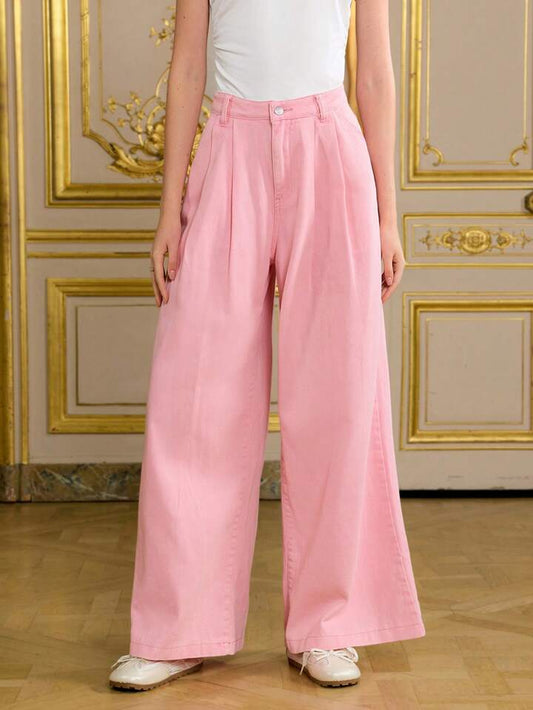 CM-BS828884 Women Elegant Seoul Style Relaxed Fit Wide Leg Distressed Pocket Denim Jeans - Pink