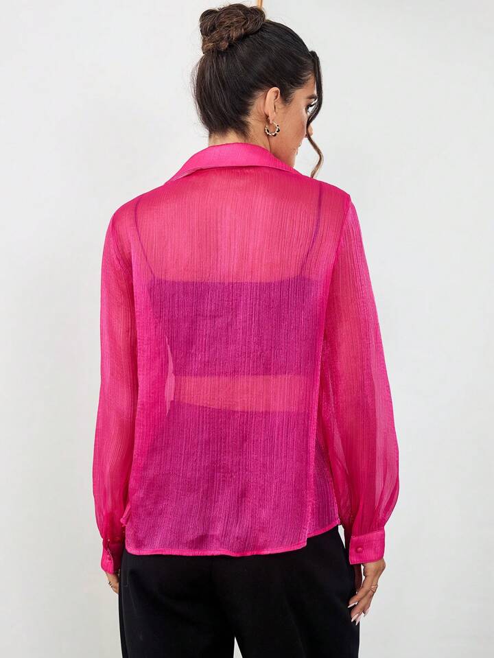 CM-TS185655 Women Casual Seoul Style Collar Neckline Sheer See-Through Long Sleeve Shirt