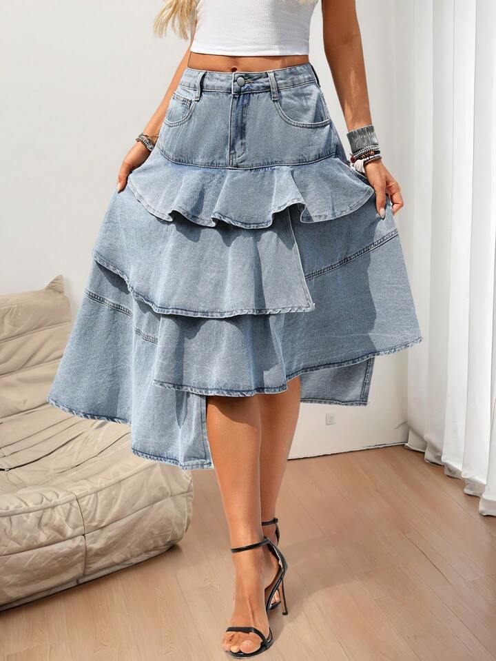 CM-BS210224 Women Casual Seoul Style Asymmetrical Layered A-Line Denim Mini Skirt - Blue