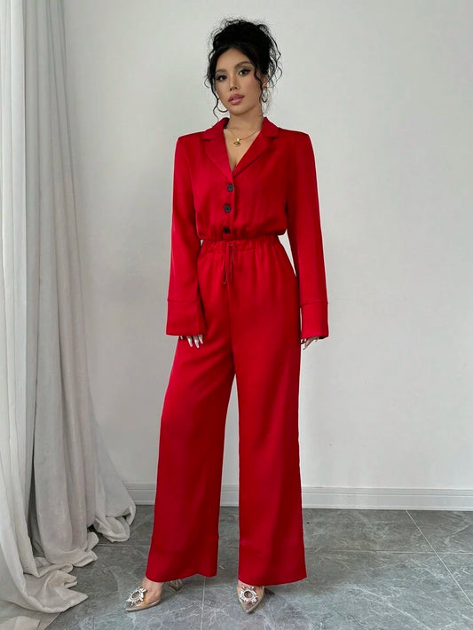 CM-JS417813 Women Elegant Seoul Style V-Neck Long Sleeve High Waist Jumpsuit - Red
