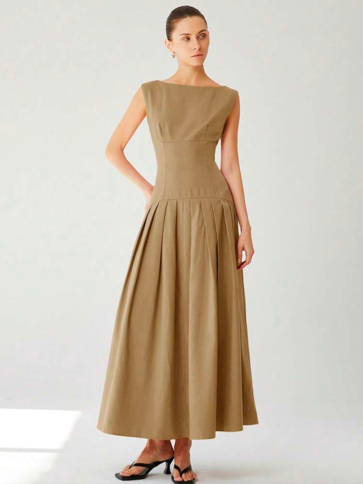 CM-DS613174 Women Elegant Seoul Style Sleeveless Cinched Waist Low Waist Pleated Ruffle Hem Long Dress - Apricot