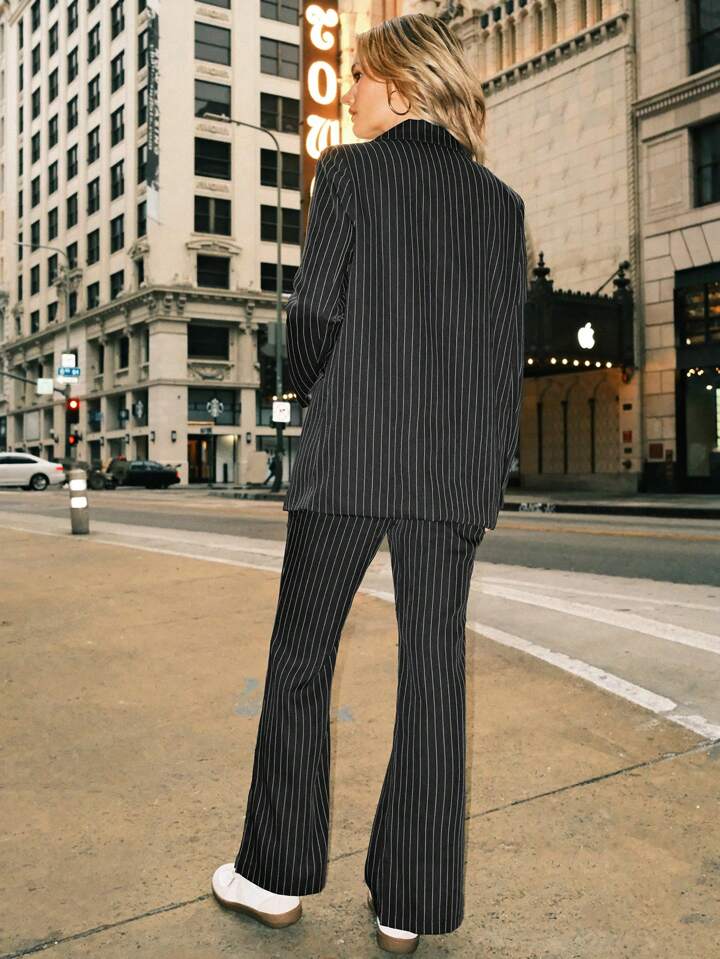 CM-SS216363 Women Elegant Seoul Style Striped Vest And Blazer With Long Flare Pants - Set