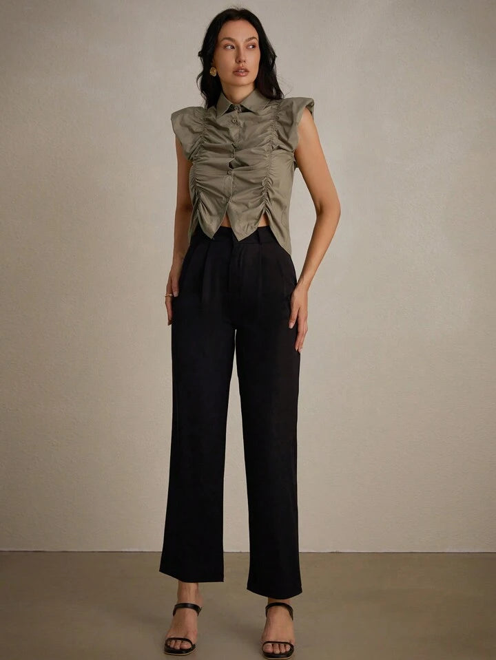 CM-TS859003 Women Casual Seoul Style Shirt Collar Sleeveless Riched Bust Asymmetrical Shirt