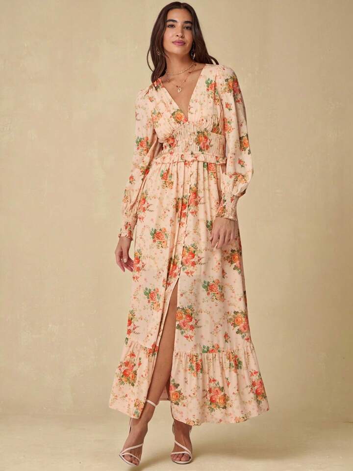 CM-DS402014 Women Elegant Seoul Style Floral Print V-Neck Long Sleeve High Waist Maxi Dress - Orange