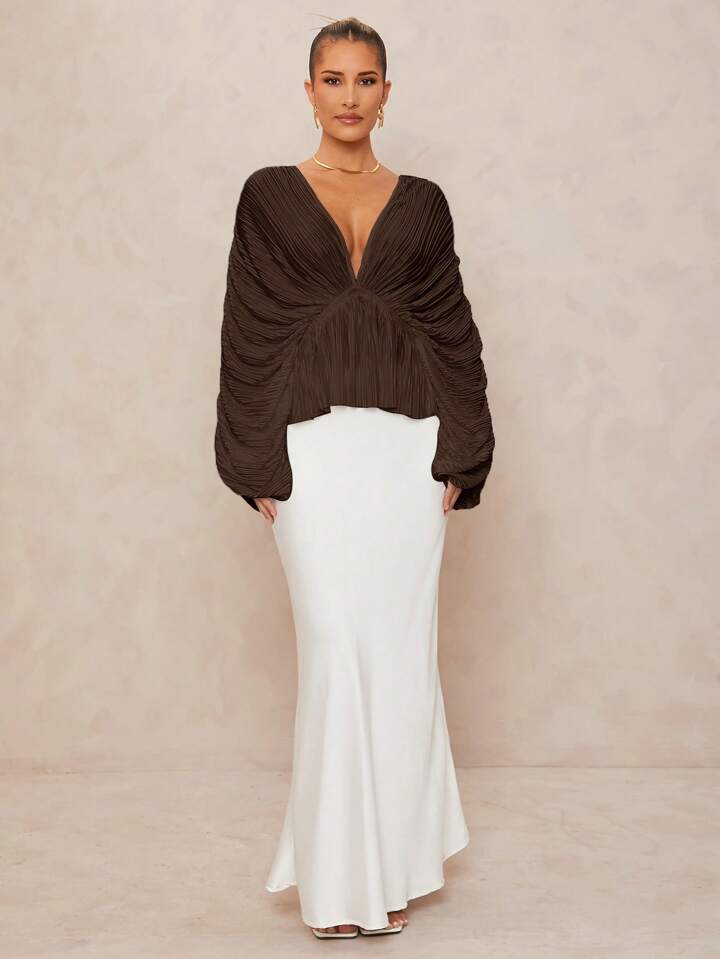 CM-TS201119 Women Elegant Seoul Style Deep V-Neck Oversized Ruffle Sleeves Loose Blouse - Brown