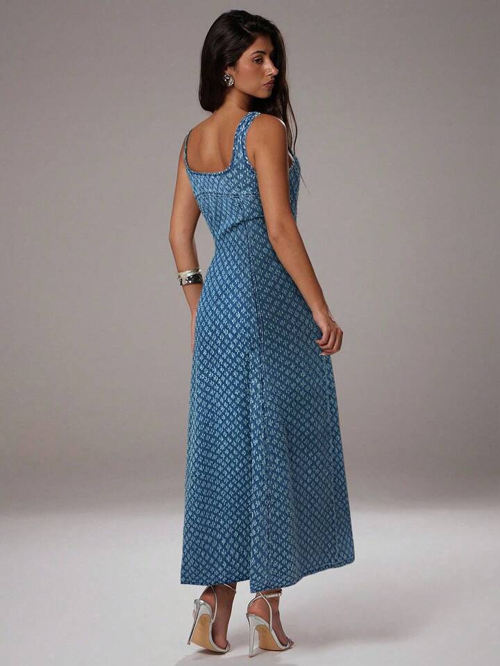 CM-DS070384 Women Elegant Seoul Style Light Wash Square Neck Sleeveless Jacquard Denim Dress