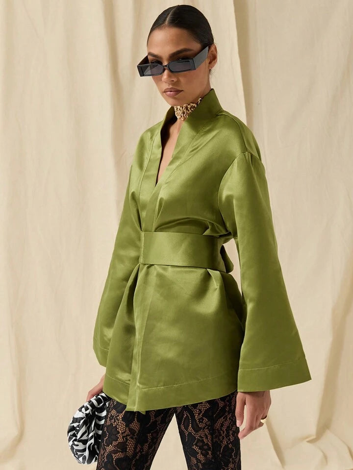 CM-DS756020 Women Elegant Seoul Style Solid Color Deep V-Neck Bell Sleeve Mini Dress - Olive Green