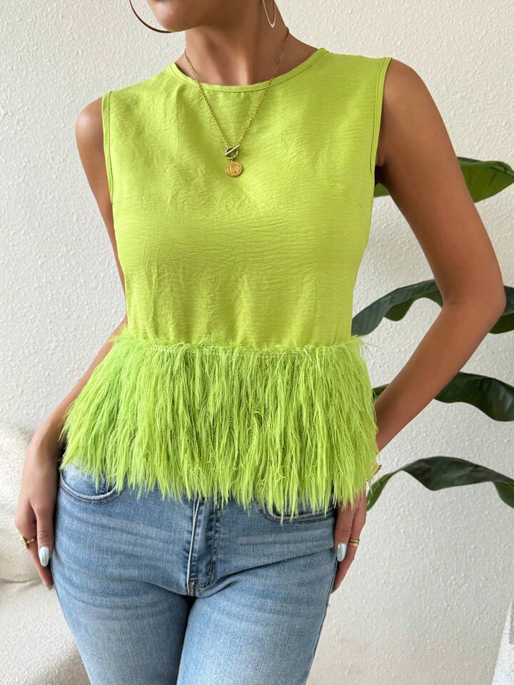 CM-TS346633 Women Casual Seoul Style Round Neck Sleeveless Loose Furry Hem Blouse - Green