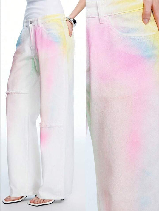 CM-BS080666 Women Casual Seoul Style Colorful Low Waist Extra Long Straight Leg Denim Jeans - White