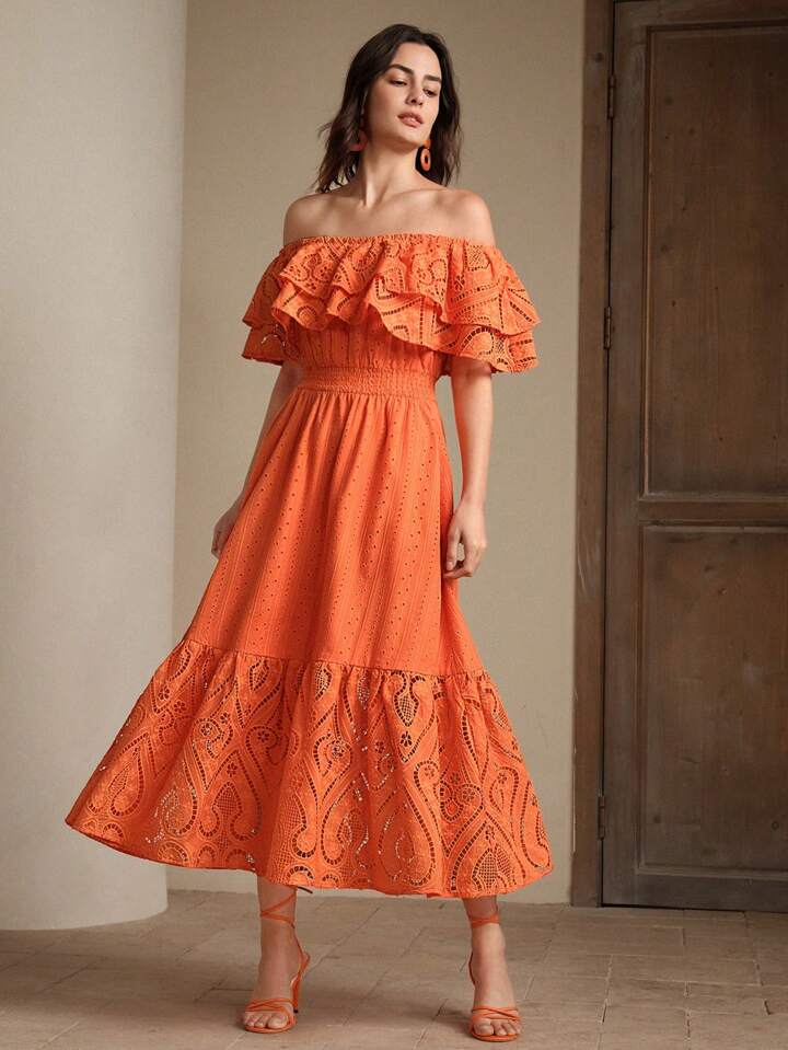 CM-DS642728 Women Elegant Seoul Style Hollow-Out Embroidered Lace Off-Shoulder Dress - Orange