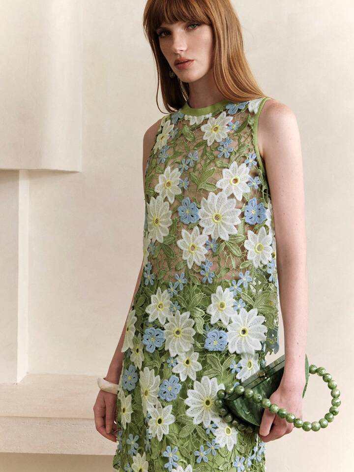 CM-TS010676 Women Casual Seoul Style Lace Embroidery Gradient Floral Asymmetrical Sleeveless Camisole Top