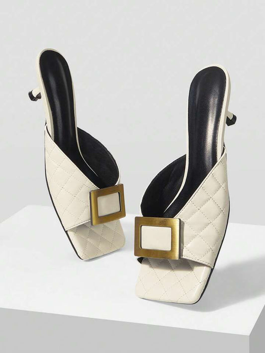 CM-SHS033602 Women Trendy Seoul Style Colorblock Square Toe High Heel Sandals - Beige