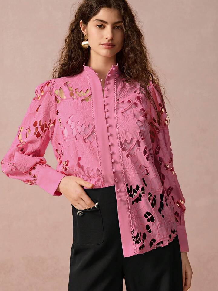 CM-TS490679 Women Elegant Seoul Style Embroidered Cutout Patchwork Stand Collar Button Front Shirt