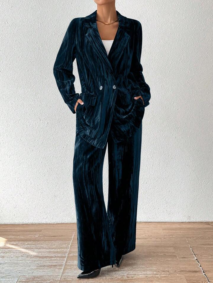 CM-SS443671 Women Elegant Seoul Style Stand Collar Long Sleeve Velvet Jacket With Straight Leg Pants Suit - Dark Green