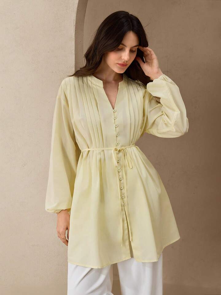 CM-TS894862 Women Elegant Seoul Style V-Neck Ruched Tie Front Long Sleeve Shirt - Pale Yellow