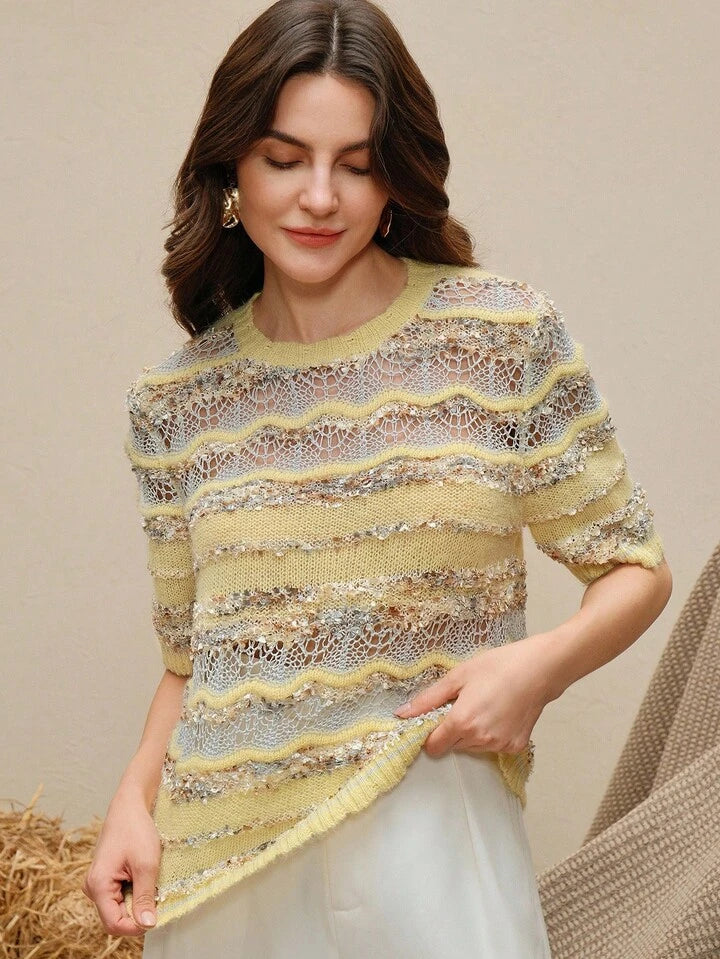 CM-CS923633 Women Elegant Seoul Style Hollow Out Design Round Neck Short Sleeve Knit Sweater - Yellow