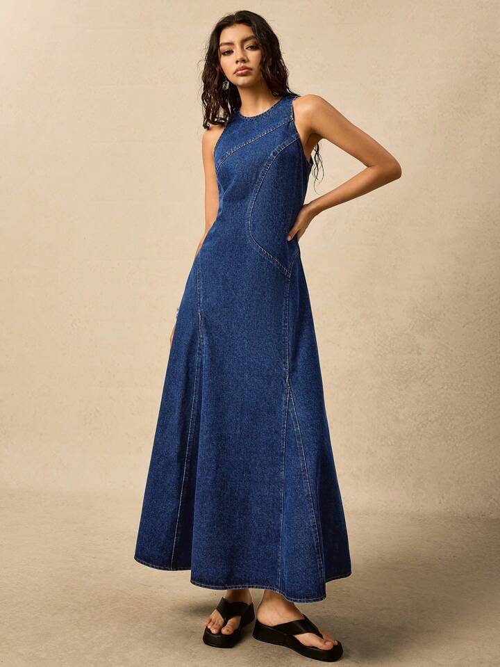 CM-DS674256 Women Casual Seoul Style Round Neck Sleeveless Mid Waist Split Loose Denim Dress - Blue