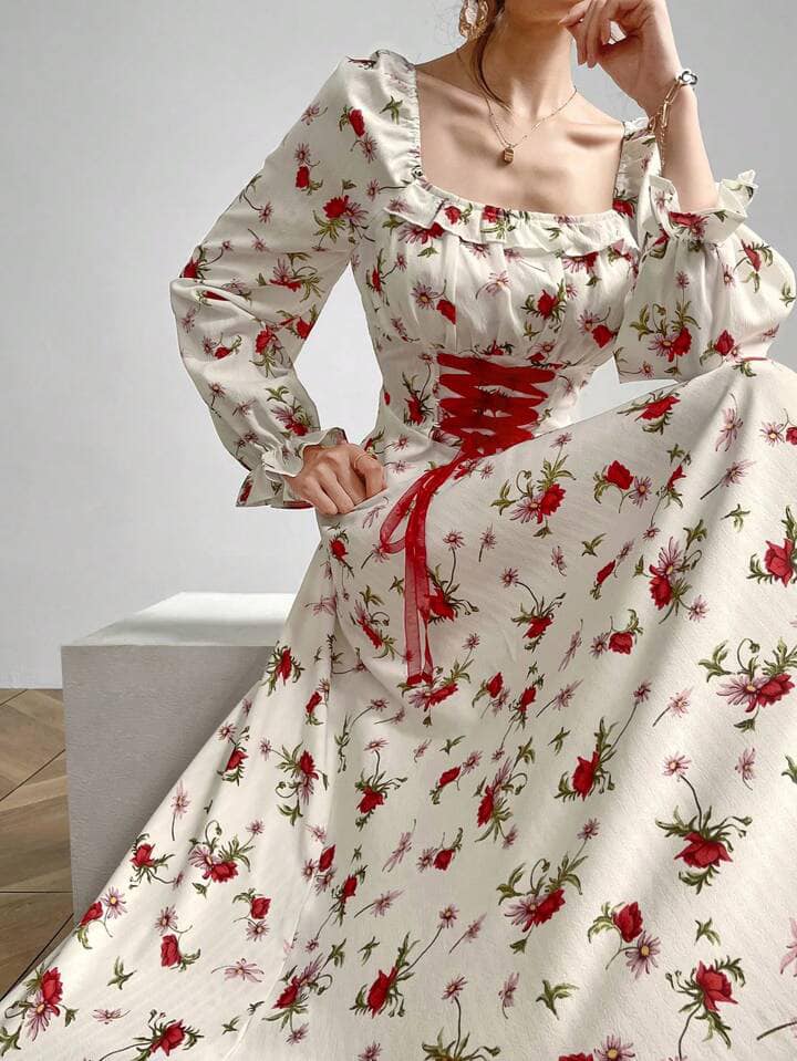 CM-DS621869 Women Elegant Seoul Style Square Neck Floral Print Ruffle Trim Tie Waist Long Dress