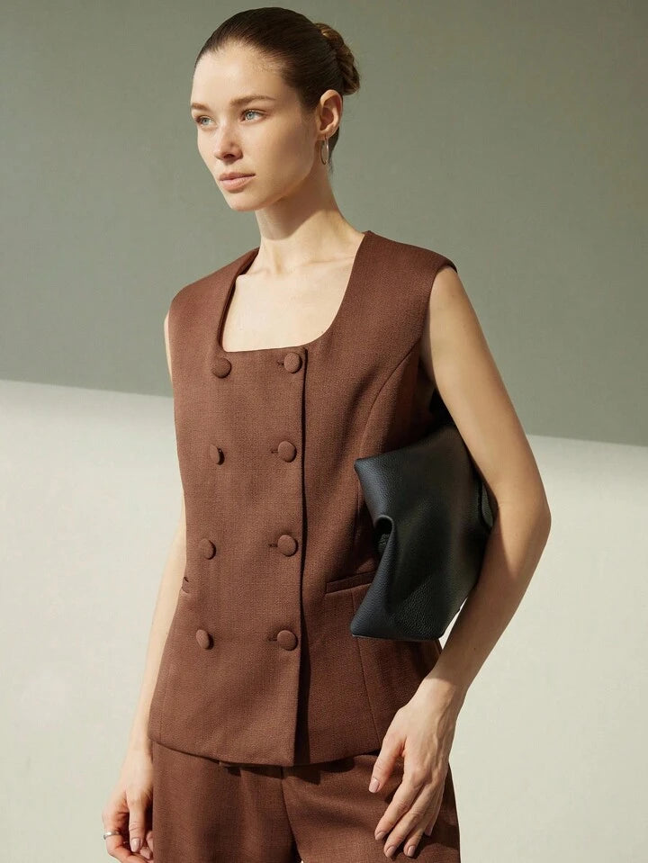 CM-SS840745 Women Elegant Seoul Style Square Neck Sleeveless Double-Breasted Pocket Decor Button Vest With Pants - Set