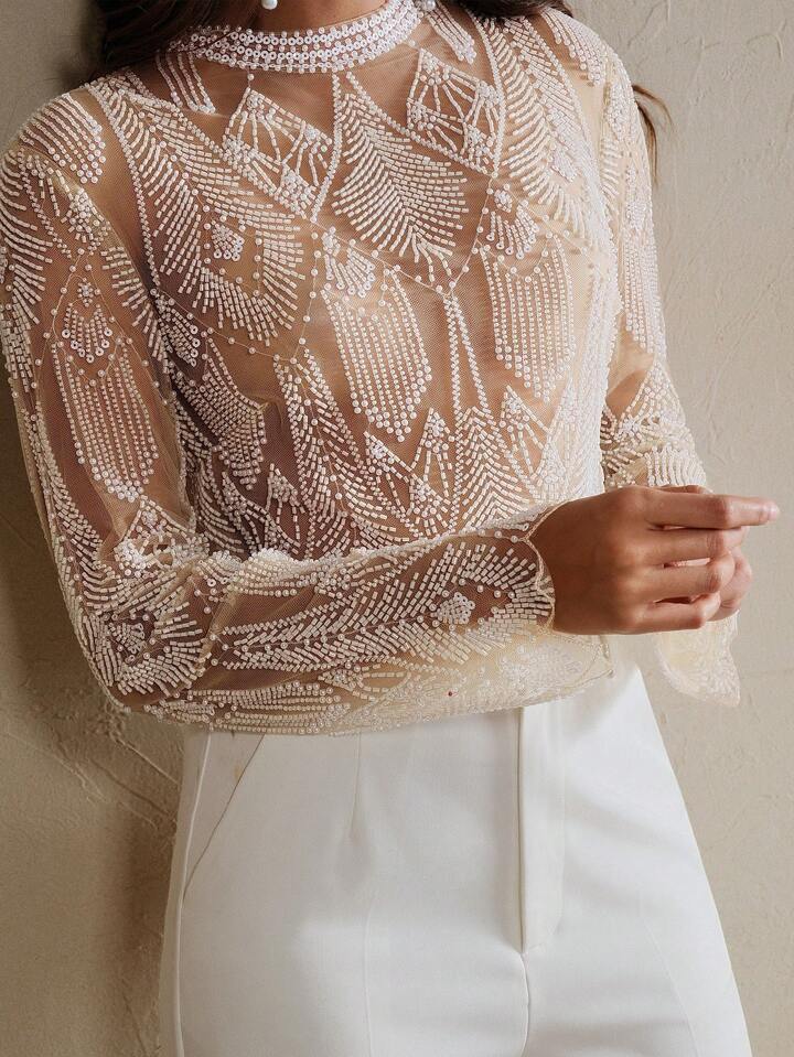 CM-TS022616 Women Elegant Seoul Style Stand Collar Long Sleeve Beaded Sequin Embellished Cropped Top - Apricot