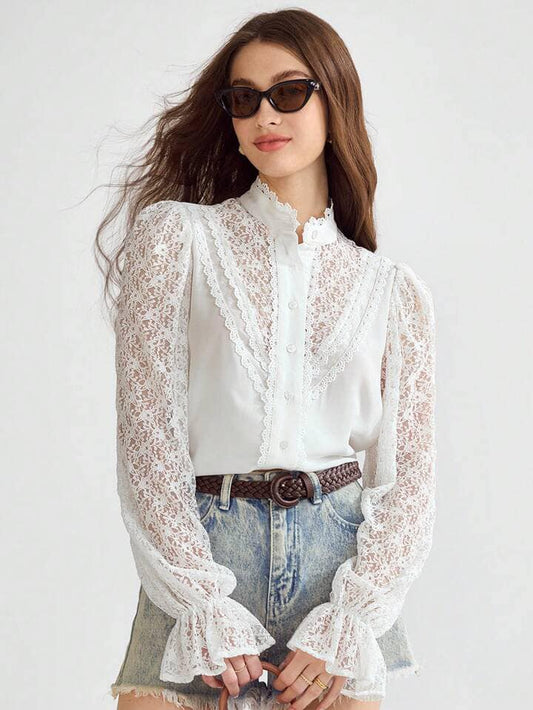 CM-TS578255 Women Elegant Seoul Style Stand Collar Contrast Lace Flounce Sleeve Blouse - White