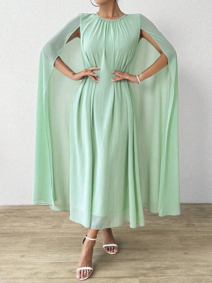CM-DS011129 Women Elegant Seoul Style Plain Round Neck Cape Sleeve Long Dress - Mint Green