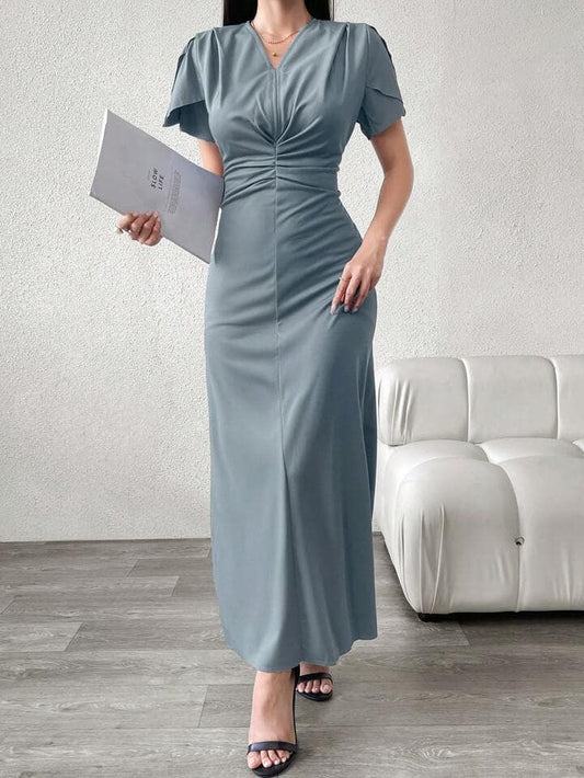 CM-DS518107 Women Casual Seoul Style Solid Minimalist V-Neck Short Sleeve Dress - Blue