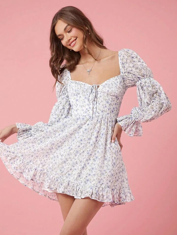 CM-DS612012 Women Elegant Seoul Style Ditsy Floral Sweetheart Collar Puff Sleeve Short Dress - Blue