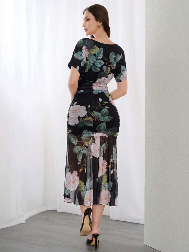 CM-DS046004 Women Elegant Seoul Style Floral Print Round Neck Short Sleeve Mermaid Dress