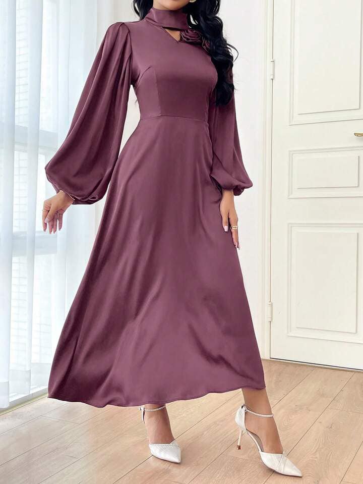 CM-DS045533 Women Elegant Seoul Style Solid Color Stand Collar Long Sleeve Floral Applique Dress - Purple