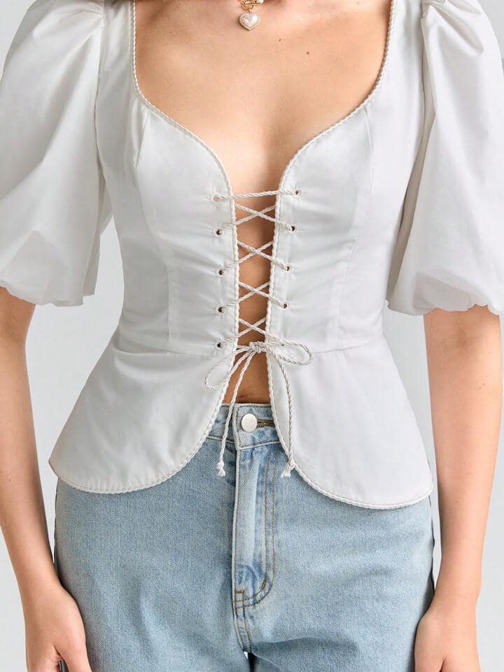 CM-TS757788 Women Elegant Seoul Style Sweetheart Neckline Lace Up Front Puff Sleeve Blouse