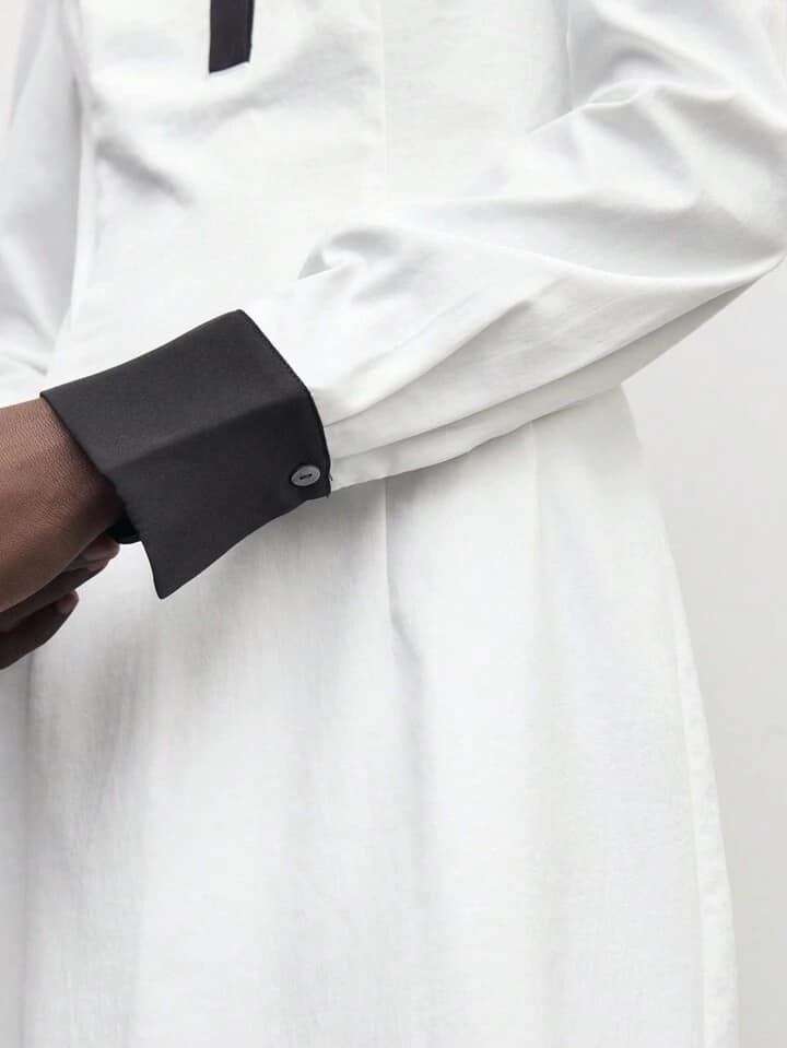 CM-DS306331 Women Casual Seoul Style Contrast Color Collar Neckline Long Sleeve Midi Dress - White