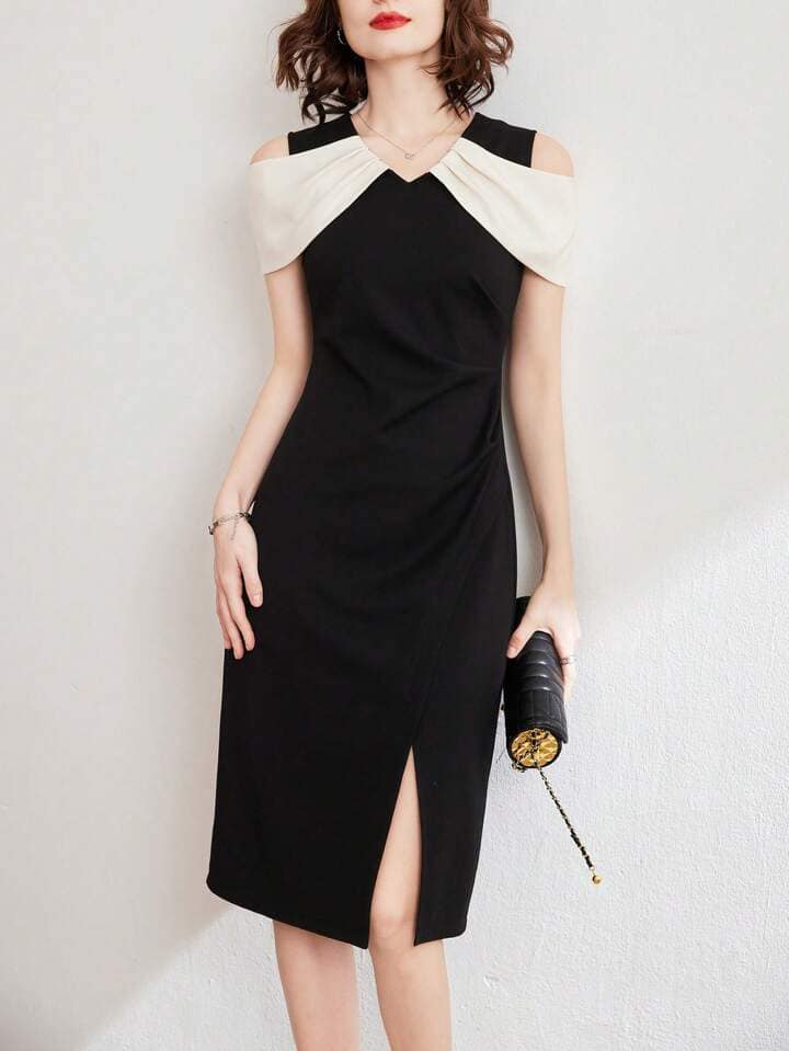 CM-DS716946 Women Elegant Seoul Style V-Neck Sleeveless Colorblock Fitted Midi Dress - Black
