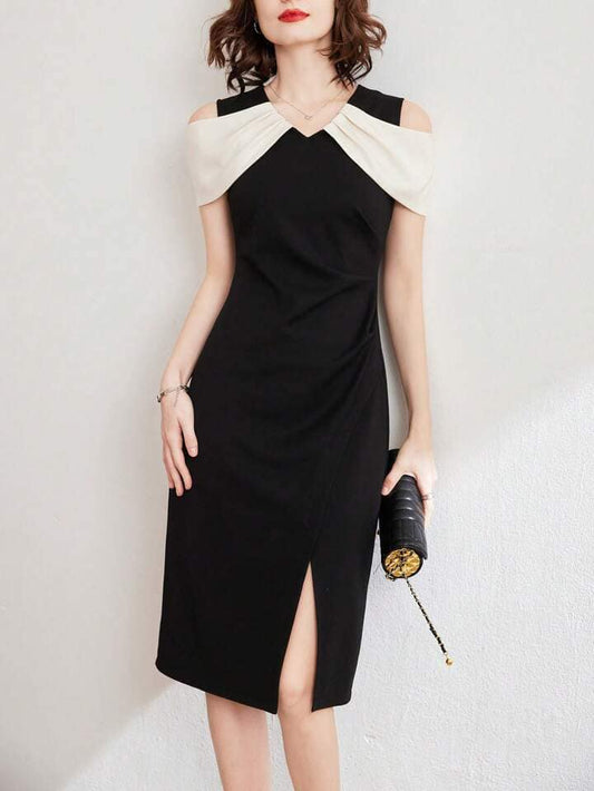 CM-DS716946 Women Elegant Seoul Style V-Neck Sleeveless Colorblock Fitted Midi Dress - Black