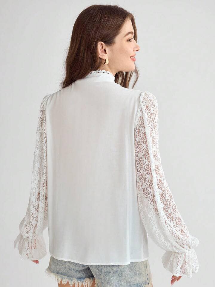 CM-TS578255 Women Elegant Seoul Style Stand Collar Contrast Lace Flounce Sleeve Blouse - White