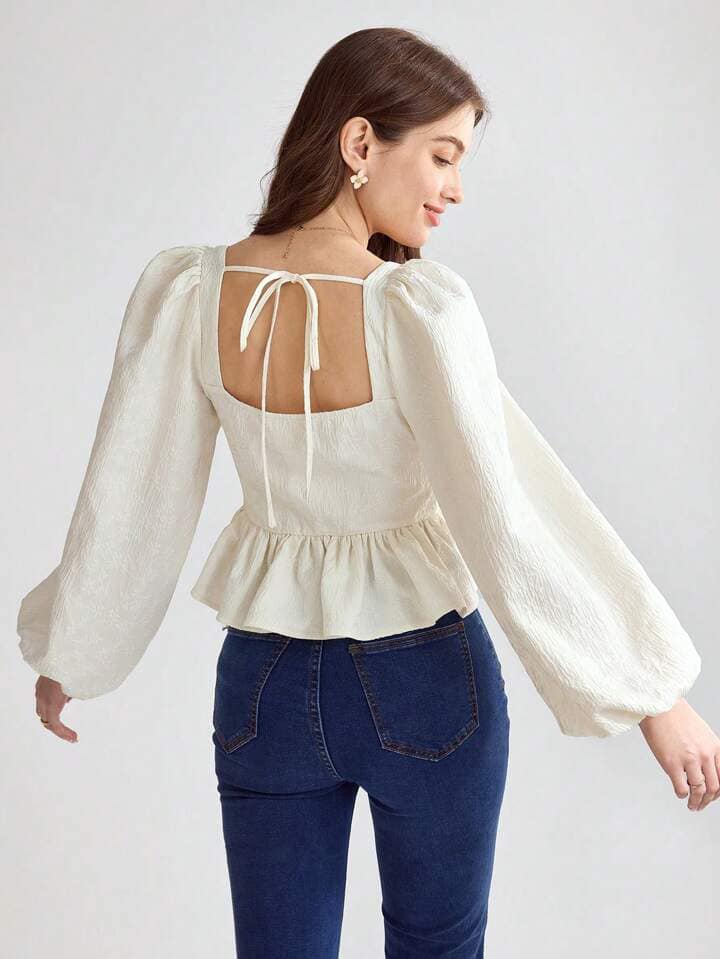 CM-TS621308 Women Elegant Seoul Style Solid Color Square Collar Long Sleeve Shirt - Apricot