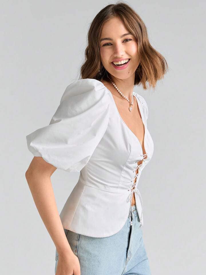 CM-TS757788 Women Elegant Seoul Style Sweetheart Neckline Lace Up Front Puff Sleeve Blouse