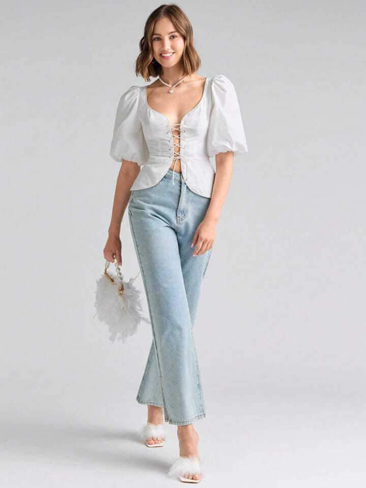 CM-TS757788 Women Elegant Seoul Style Sweetheart Neckline Lace Up Front Puff Sleeve Blouse