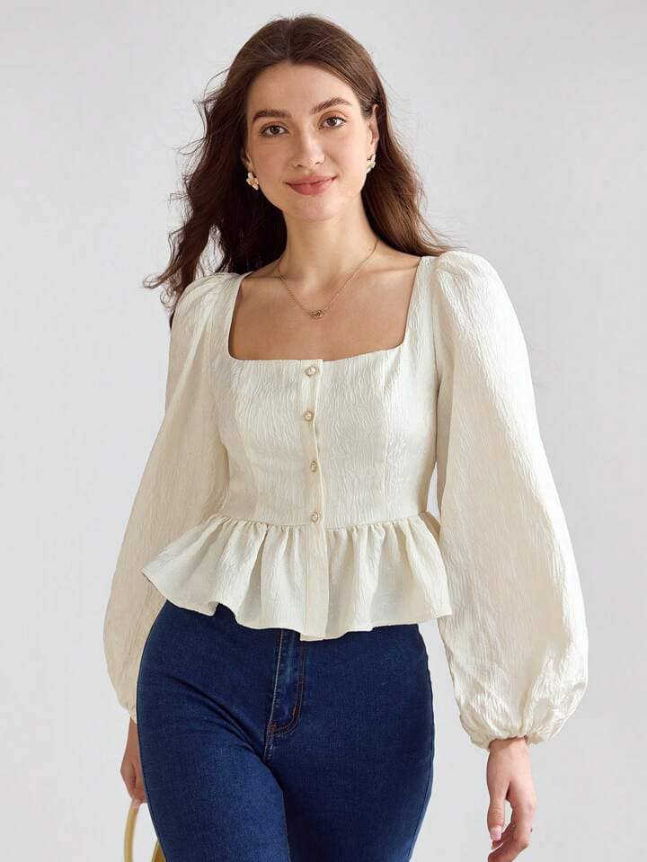 CM-TS621308 Women Elegant Seoul Style Solid Color Square Collar Long Sleeve Shirt - Apricot