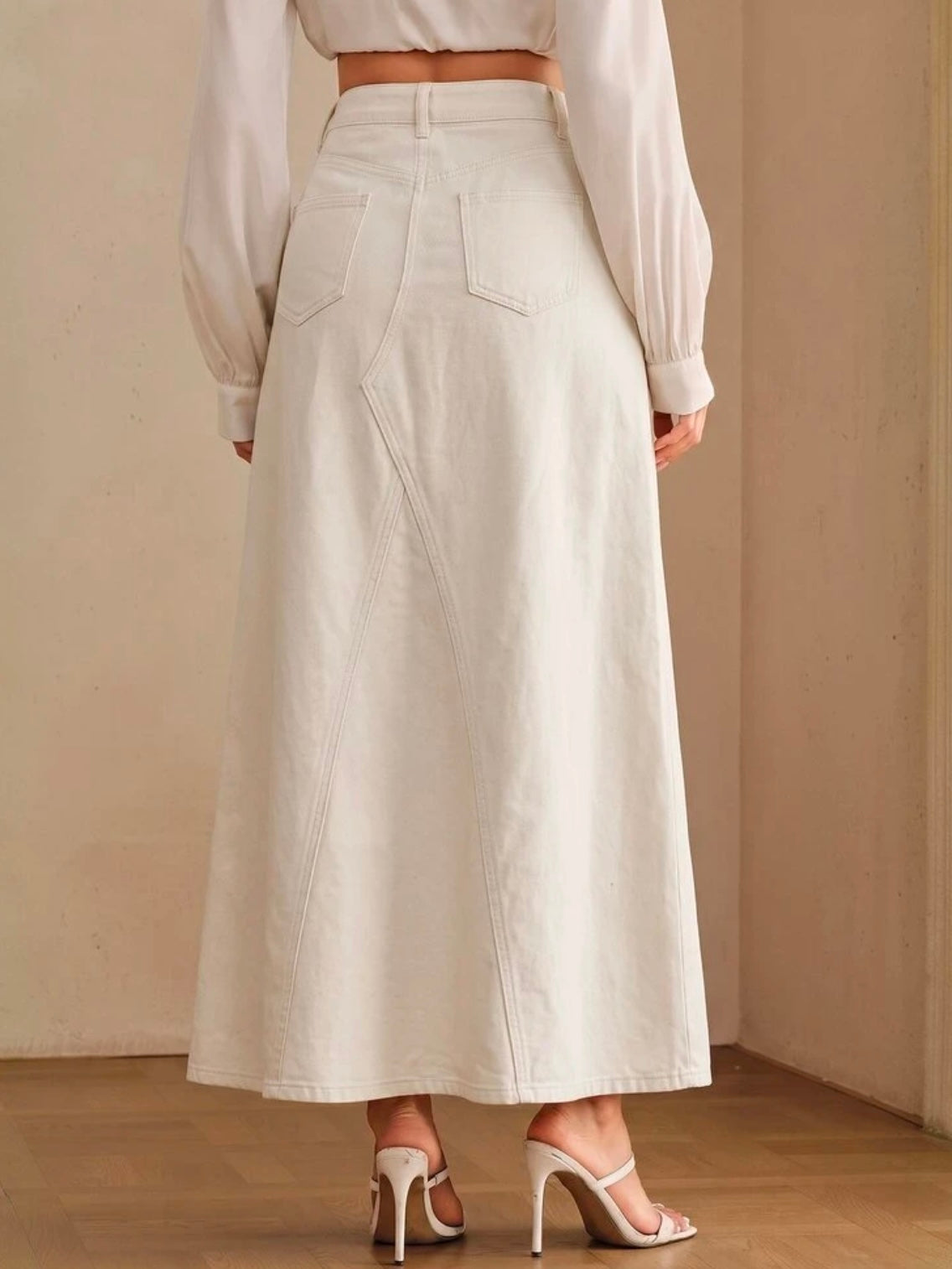 CM-BS268706 Women Casual Seoul Style Mid Waist Embroidery Slimming Design Split A-Line Denim Skirt - White
