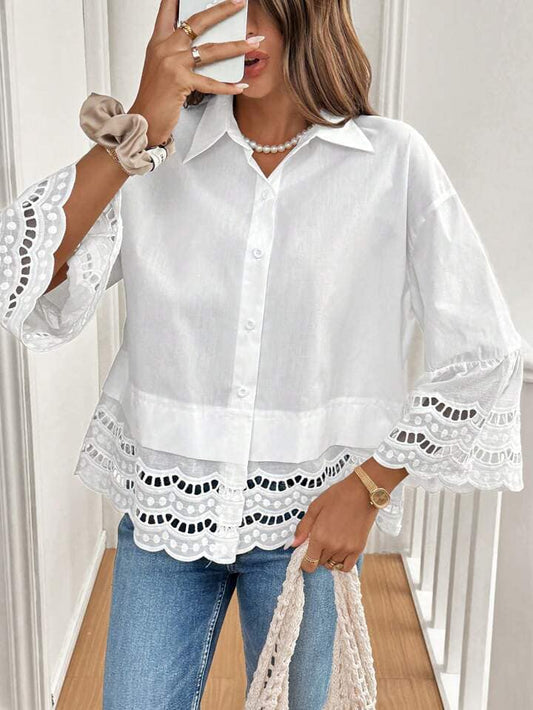 CM-TS144416 Women Trendy Bohemian Style Eyelet Embroidery Flounce Sleeve Shirt - White