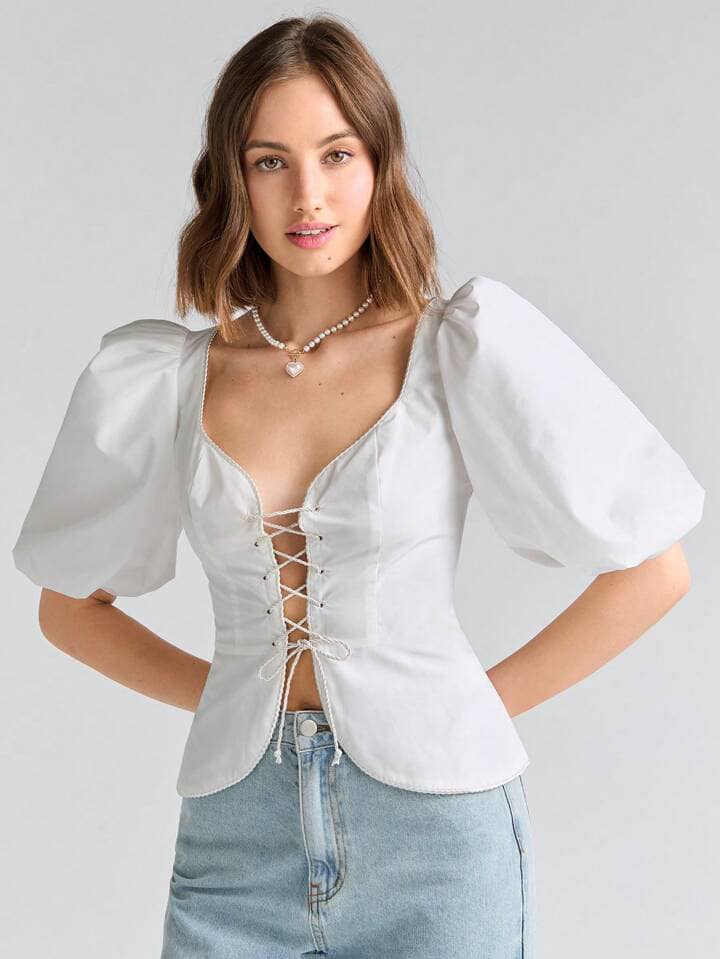 CM-TS757788 Women Elegant Seoul Style Sweetheart Neckline Lace Up Front Puff Sleeve Blouse