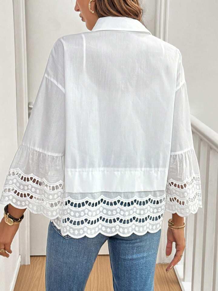 CM-TS144416 Women Trendy Bohemian Style Eyelet Embroidery Flounce Sleeve Shirt - White