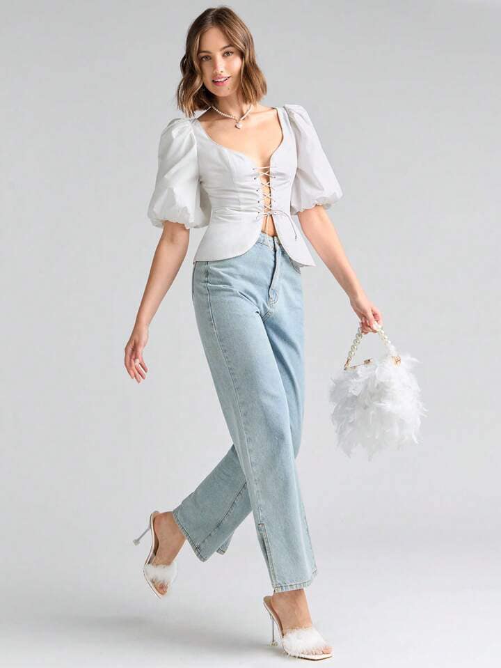 CM-TS757788 Women Elegant Seoul Style Sweetheart Neckline Lace Up Front Puff Sleeve Blouse
