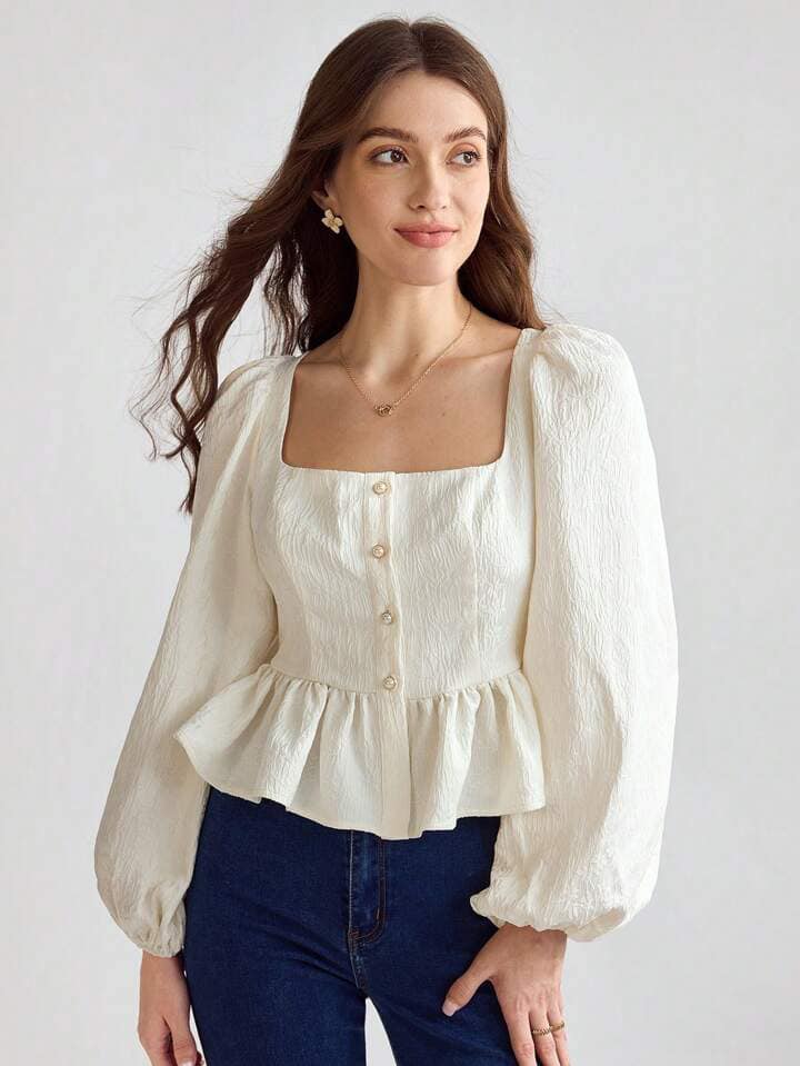 CM-TS621308 Women Elegant Seoul Style Solid Color Square Collar Long Sleeve Shirt - Apricot