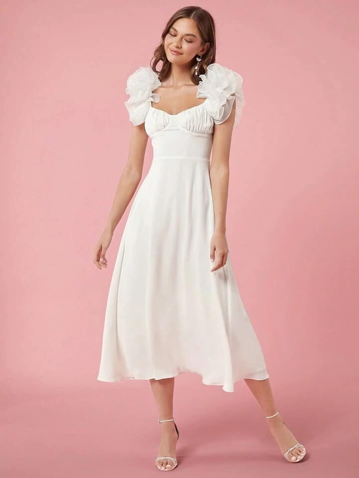 CM-DS762267 Women Elegant Seoul Style Sweetheart Neckline 3D Ruffle Strap Midi Dress - White