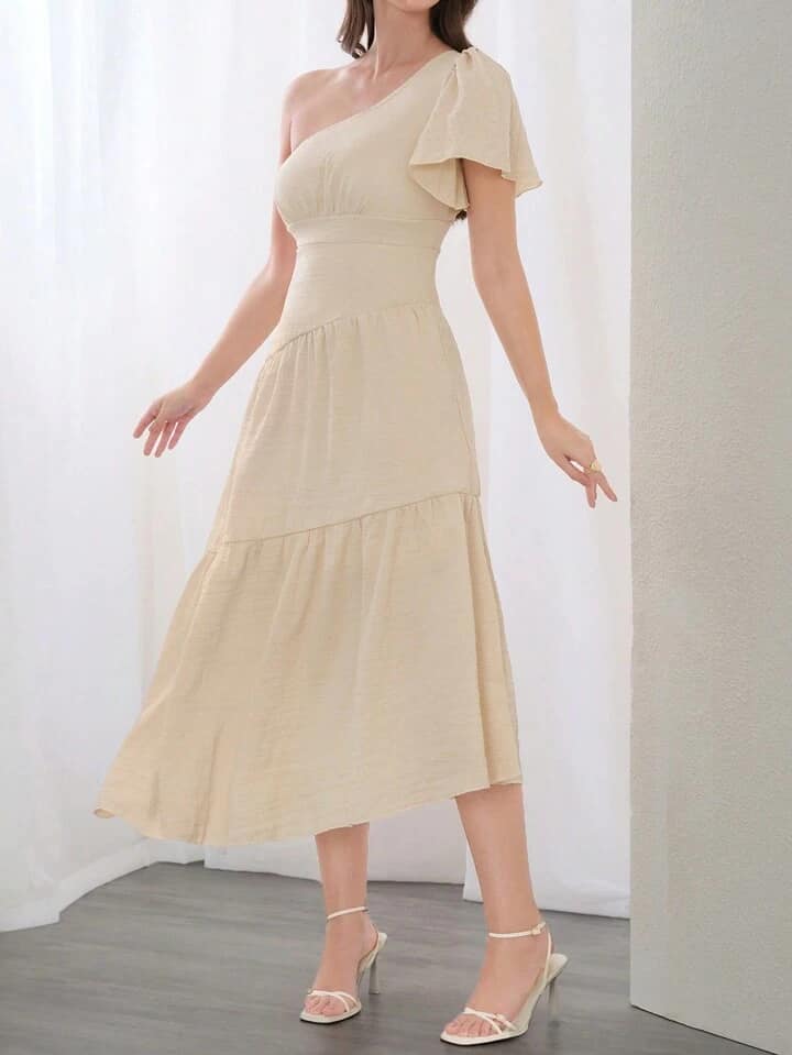 CM-DS374794 Women Elegant Seoul Style Solid Color Asymmetrical Neck Short Sleeve Maxi Dress - Apricot