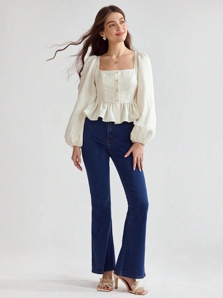 CM-TS621308 Women Elegant Seoul Style Solid Color Square Collar Long Sleeve Shirt - Apricot